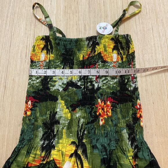 Island Planet Hunter Green Tropical Floral Smocked Midi Dress Size Medium New - Picture 3 of 6